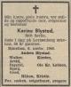 Karine Marie Blystad, født Sørli (1892-1948) - Dødsannonse i Buskeruds Blad, mandag 8. november 1948 Karine Marie Blystad, født Sørli (1892-1948) - Dødsannonse i Buskeruds Blad, mandag 8. november 1948