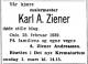 Karl August Ziener (1863-1939) - Dødsannonse i Aftenposten den 28. februar 1939 Karl August Ziener (1863-1939) - Dødsannonse i Aftenposten den 28. februar 1939