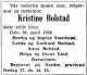 Kristine Bolstad, født Ludvigsen (1864-1934) - Dødsannonse i ftenposten den 25. april 1934