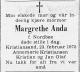 Margrethe Anda, født Nordbøe (1900-1975) - Dødsannonse i Fædrelandsvennen, mandag 24. februar 1975 Margrethe Anda, født Nordbøe (1900-1975) - Dødsannonse i Fædrelandsvennen, mandag 24. februar 1975