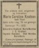 Marie Caroline Knudsen, født Thiel (1842-1922) - Dødsannonse i 1ste Mai, tirsdag 17. januar 1922 Marie Caroline Knudsen, født Thiel (1842-1922) - Dødsannonse i 1ste Mai, tirsdag 17. januar 1922