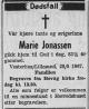 Marie Jonassen, født Samuelsen (1883-1967) - Dødsannonse i Fædrelandsvennen den 30. mai 1967