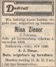 Mina Marie Ziener, født Johnsen (1859-1930) - Dødsannonse i Buskeruds Blad, mandag 8. september 1930 Mina Marie Ziener, født Johnsen (1859-1930) - Dødsannonse i Buskeruds Blad, mandag 8. september 1930
