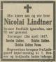 Nicolai Lindner (1852-1917) - Dødsannonse i 1ste Mai den 14. april 1917 Nicolai Lindner (1852-1917) - Dødsannonse i 1ste Mai den 14. april 1917