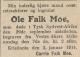 Ole Falk Moe (1861-1913) - Begravelse (Morgenbladet den 6. januar 1914)