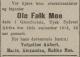 Ole Falk Moe (1861-1913) - Dødsannonse i Dagbladet den 3. oktober 1913
