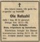 Ole Refsahl (1865-1953) - Dødsannonse i Hamar Arbeierblad den 19. november 1953