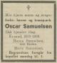 Oscar Samuelsen (1862-1938) - Dødsannonse i Fædrelandsvennen den 1. oktober 1938 Oscar Samuelsen (1862-1938) - Dødsannonse i Fædrelandsvennen den 1. oktober 1938