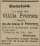Ottilia Petersen, født Delphin (1830-1907) - Dødsannonse i Morgenbladet, lørdag 9. februar 1907