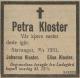 Petra Kloster (1875-1931) - Dødsannonse i 1ste Mai den 14. april 1931