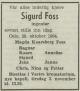 Sigurd Foss (1884-1964) - Dødsannonse i Morgenbladet den 30. oktober 1964 Sigurd Foss (1884-1964) - Dødsannonse i Morgenbladet den 30. oktober 1964