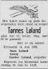Tønnes Løland (1898-1966) - Dødsannonse i Agder den 16. mai 1966