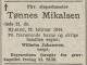 Tønnes Mikalsen (1868-1944) - Dødsannonse i Fædrelandsvennen, torsdag 24. februar 1944 Tønnes Mikalsen (1868-1944) - Dødsannonse i Fædrelandsvennen, torsdag 24. februar 1944