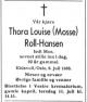 Thora Louise Roll-Hansen, født Moe (1892-1985) - Dødsannonse i Aftenposten den 9. juli 1985 Thora Louise Roll-Hansen, født Moe (1892-1985) - Dødsannonse i Aftenposten den 9. juli 1985