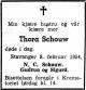Thora Schouw, født Gabrielsen (1886-1954) - Dødsannonse i Stavanger Aftenblad den 11. februar 1954