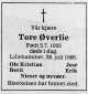 Tore Øverlie (1923-1986) - Dødsannonse i Gudbrandsdølen, torsdag 31. juli 1986