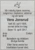 Vera Jonsrud, født Larsen (1928-2017) - Dødsannonse i Varden den 26. april 2017