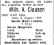 Wilhelm August Clausen (1876-1958) - Dødsannonse i Aftenposten, mandag 11. august 1958