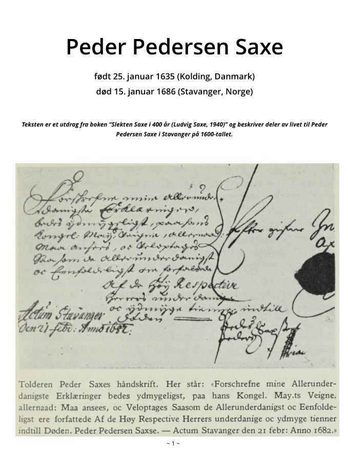 Peder Pedersen Saxe (1635-1686) - Biografiske opplysninger